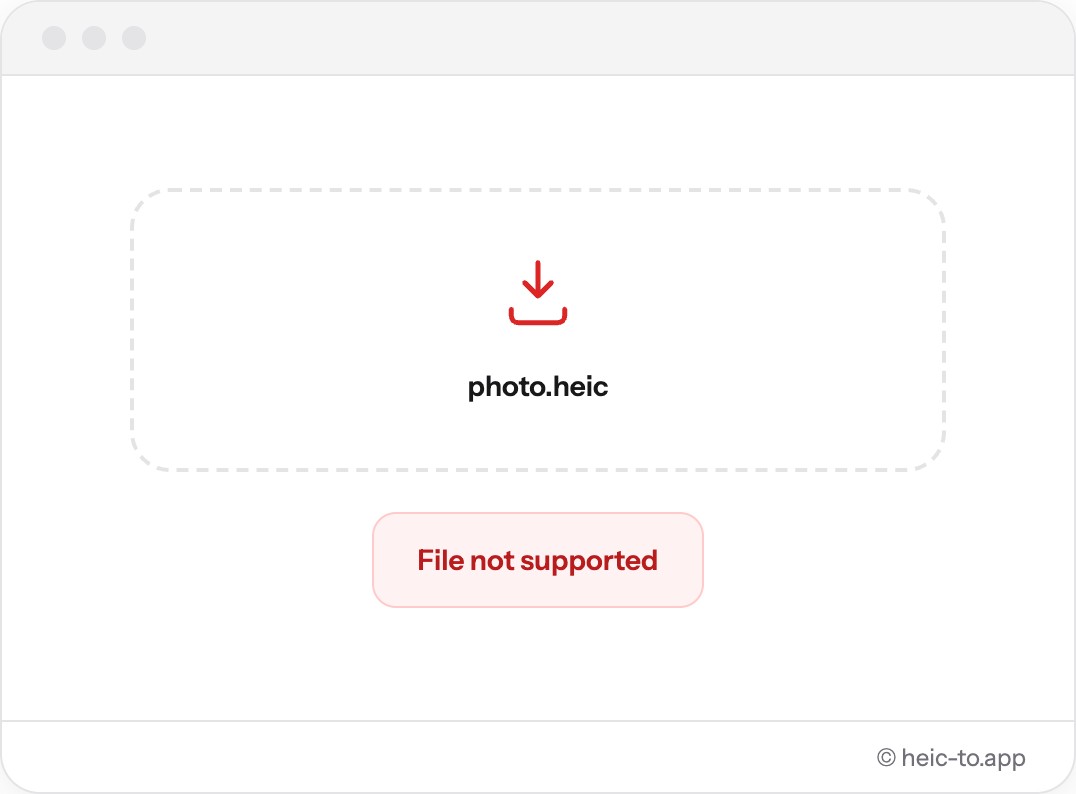 Captura de tela de um erro "Arquivo não suportado" ao enviar uma foto HEIC para um formulário web